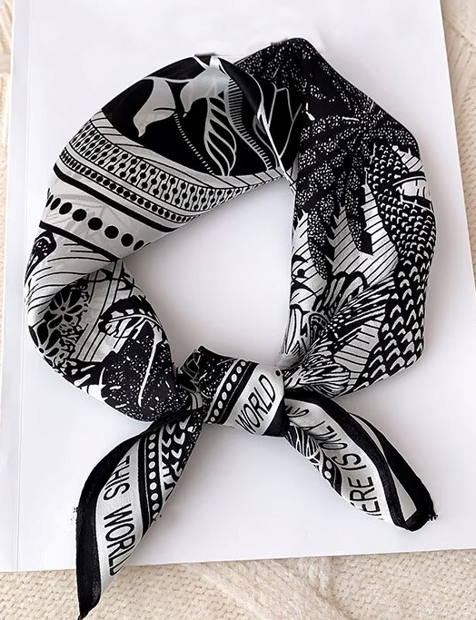 Ivory silk square scarf with a black graphic print