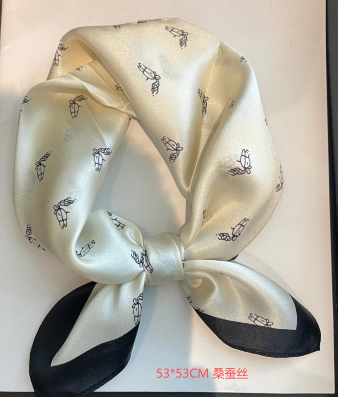 Ivory satin-finish square scarf with tiny playful motifs